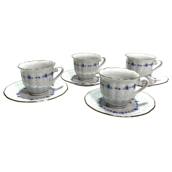 Bell Epoque China Tea Cup & Saucer Set of 4 Blue Corn Flowers Porcellane Macroni - Picture 1 of 6
